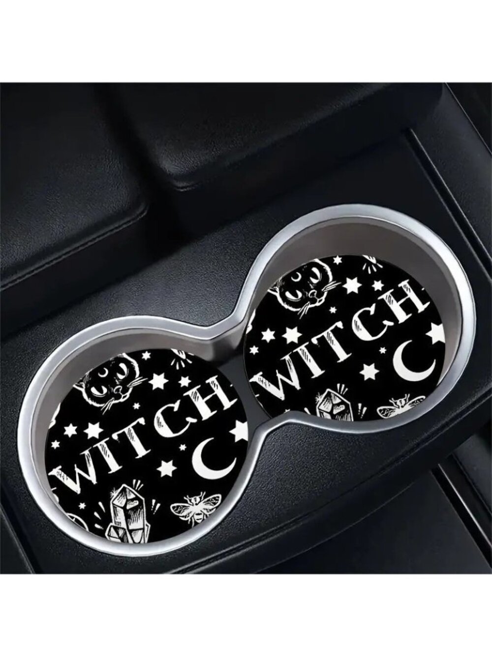 Witchy-Themed Car Coasters Black & White 2-Pack For Drink Holder Protection 2.6"